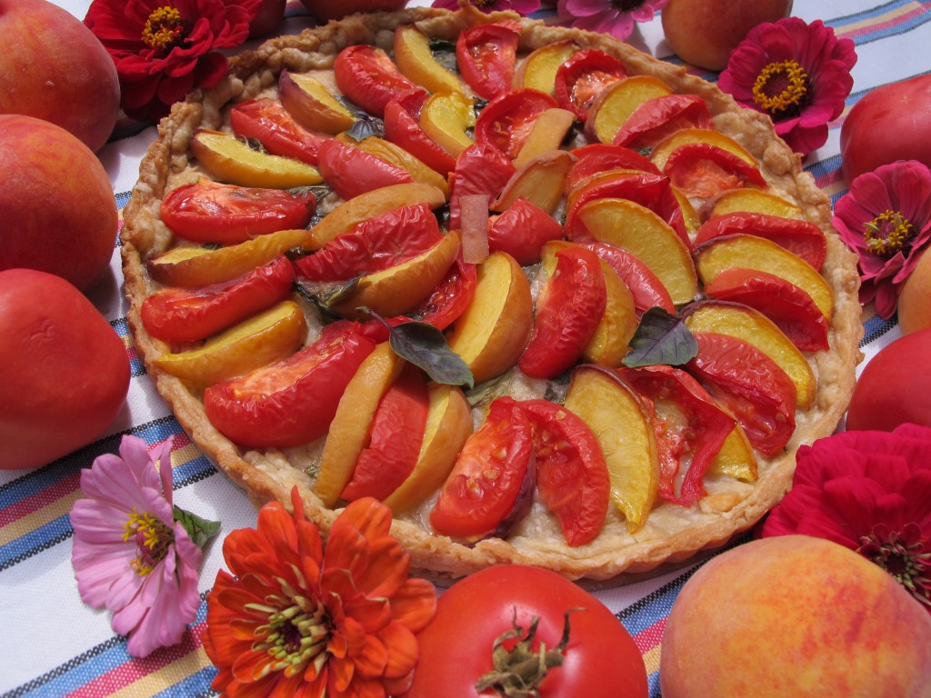 Sweet Pate Brise Tart with Basil and "Big Red Peach" Tomatoes and Peaches 
