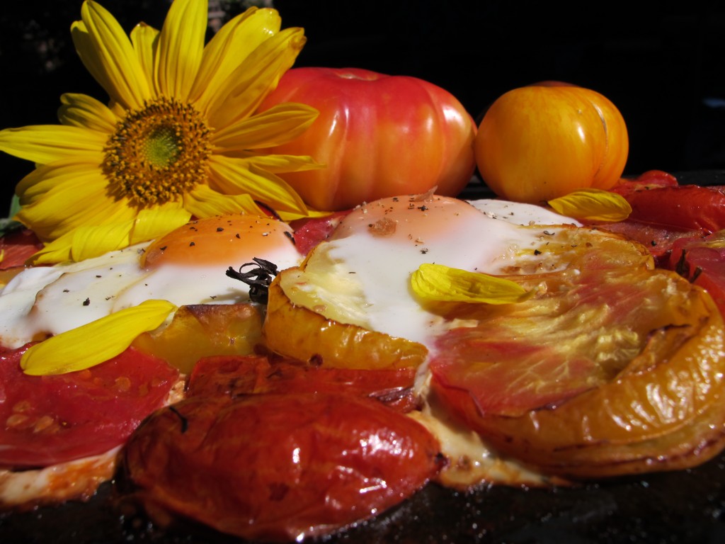 "Sunny Side Up" Tomatoes and Eggs Baked on a Slate with Sunflowers